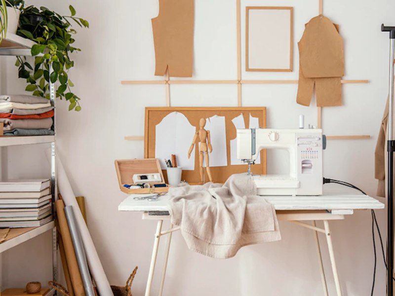 اتاق کار یک خیاط با ابزار مورد نیاز وی یعنی چرخ خیاطی، میز، کاغذ الگو، قیچی، سوزن، نخ و ... آراسته و تکمیل می‌شود.