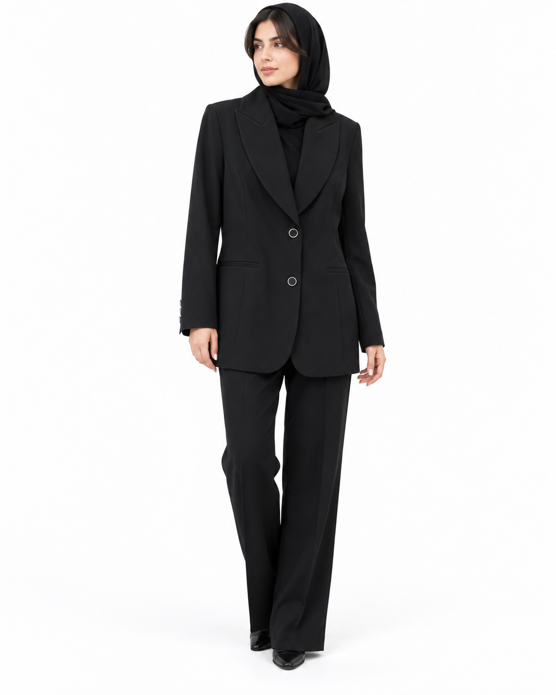 Black-Hijab-Suit-Lookbook-Portrait کت شلوار کرپ 2دکمه پشت چاکدار - تصویر 1