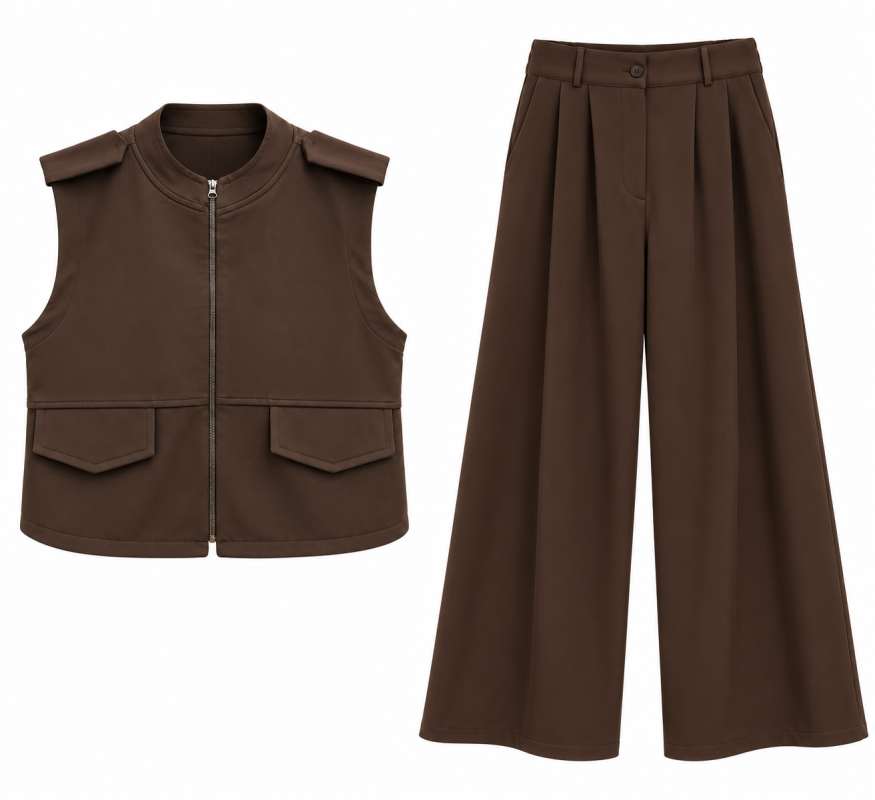 گالری مانتو میرداماد | مانتو Chocolate Brown Utility Vest and Wide Leg Trousers