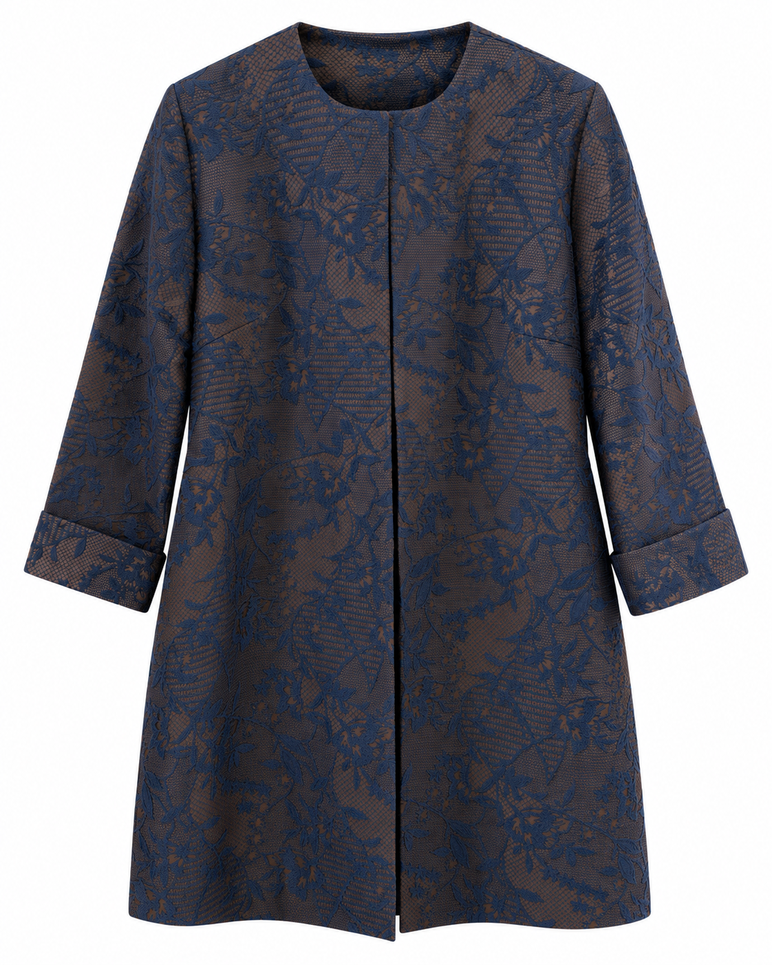 Navy Floral Jacquard Long Jacket کت ژاکارد طرح دانتل - تصویر 1