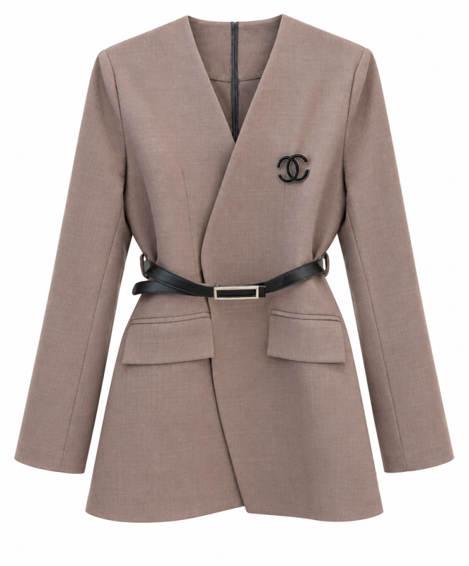 گالری مانتو میرداماد | مانتو Taupe Belted Blazer with CC Brooch