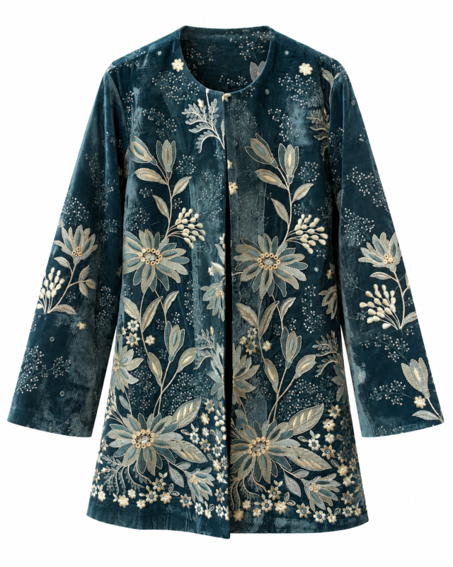 گالری مانتو میرداماد | مانتو Teal Velvet Botanical Embroidered Coat